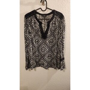 Lucky Brand Velvet Trim Printed Long Sleeve Peasant Top Women's Size XL